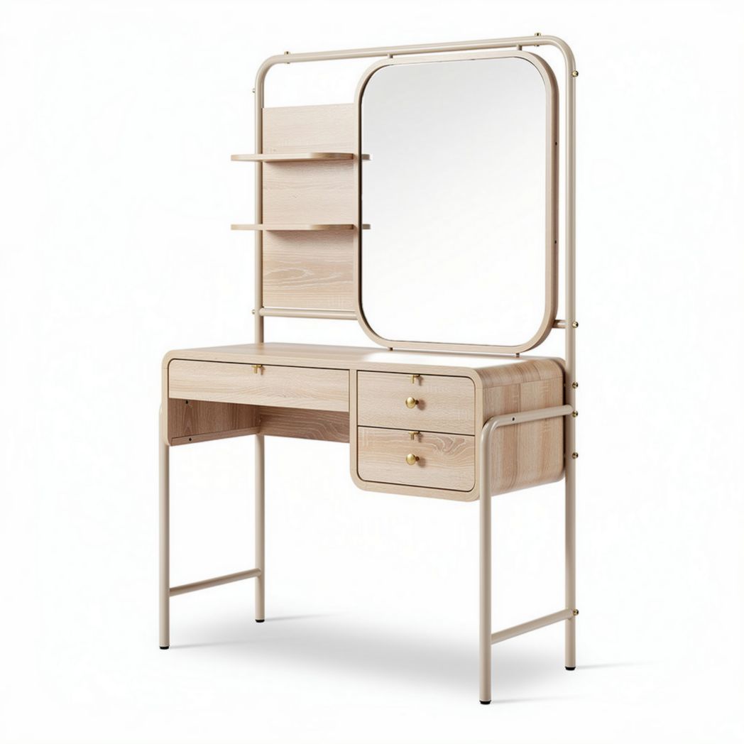 Coiffeuse en bois avec miroir et étagères 100 x 40 x 150cm beige