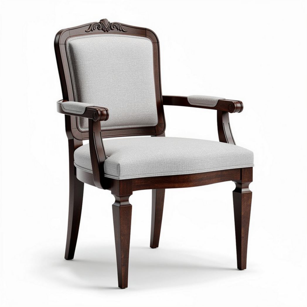 Fauteuil en bois massif avec tissu gris et dimensions 65 x 65 x 90cm