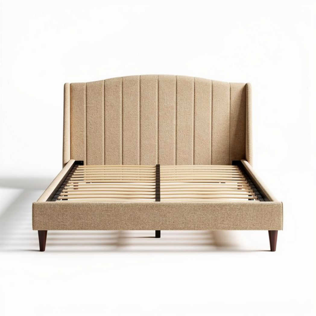 Lit queen size en tissu beige avec tête de lit rembourrée 210 x 160 x 120cm