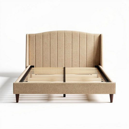 Lit queen size en tissu beige avec tête de lit rembourrée 210 x 160 x 120cm