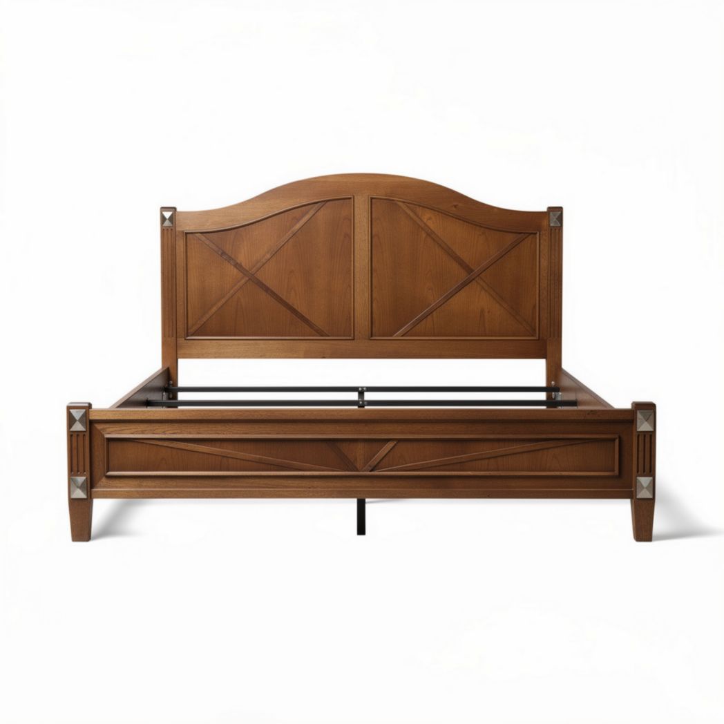 Lit en bois massif de couleur chêne avec tête de lit arrondie 200 x 160 x 120cm
