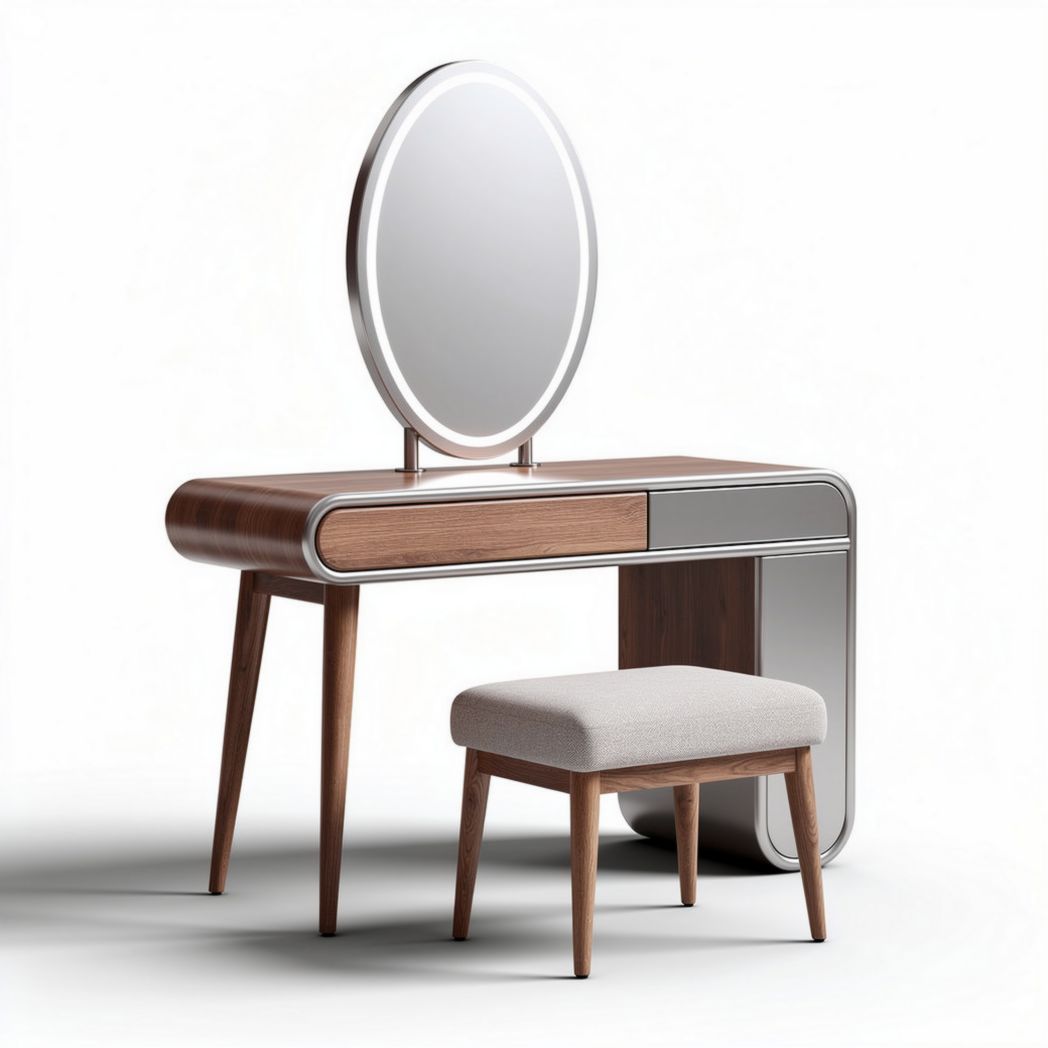 Coiffeuse en bois avec miroir rond et tabouret rembourré 120 x 60 x 75cm