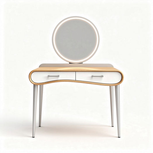 Coiffeuse moderne en bois avec miroir rond éclairé 80 x 40 x 75cm