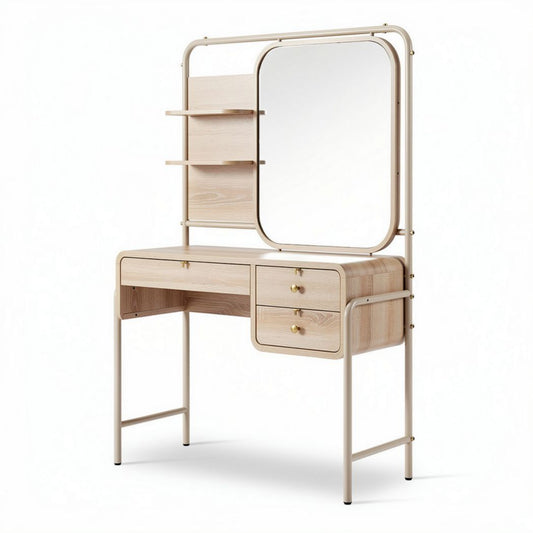 Coiffeuse en bois avec miroir et étagères 100 x 40 x 150cm beige